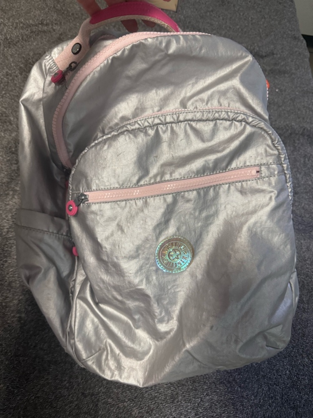 Kipling Seoul Ice Metallic Silver Backpack with Pink Accents